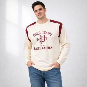 VTG Ralph Lauren Polo Jeans Co Jersey Shirt Men XL Cream Burgundy Logo Spellout
